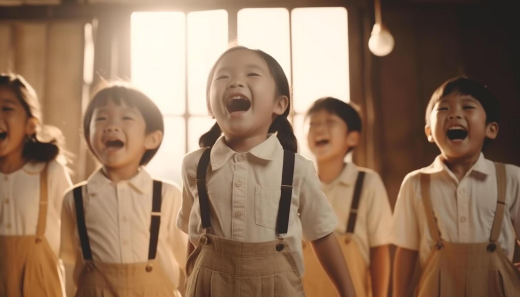 Cheerful school children in uniform standing outdoors, enjoying friendship and learning generated by AI photo