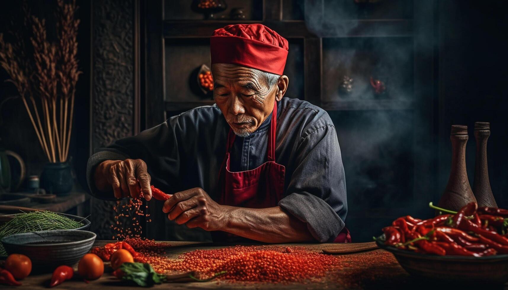 Senior male chef preparing organic vegetable spice for homemade meal generated by AI photo