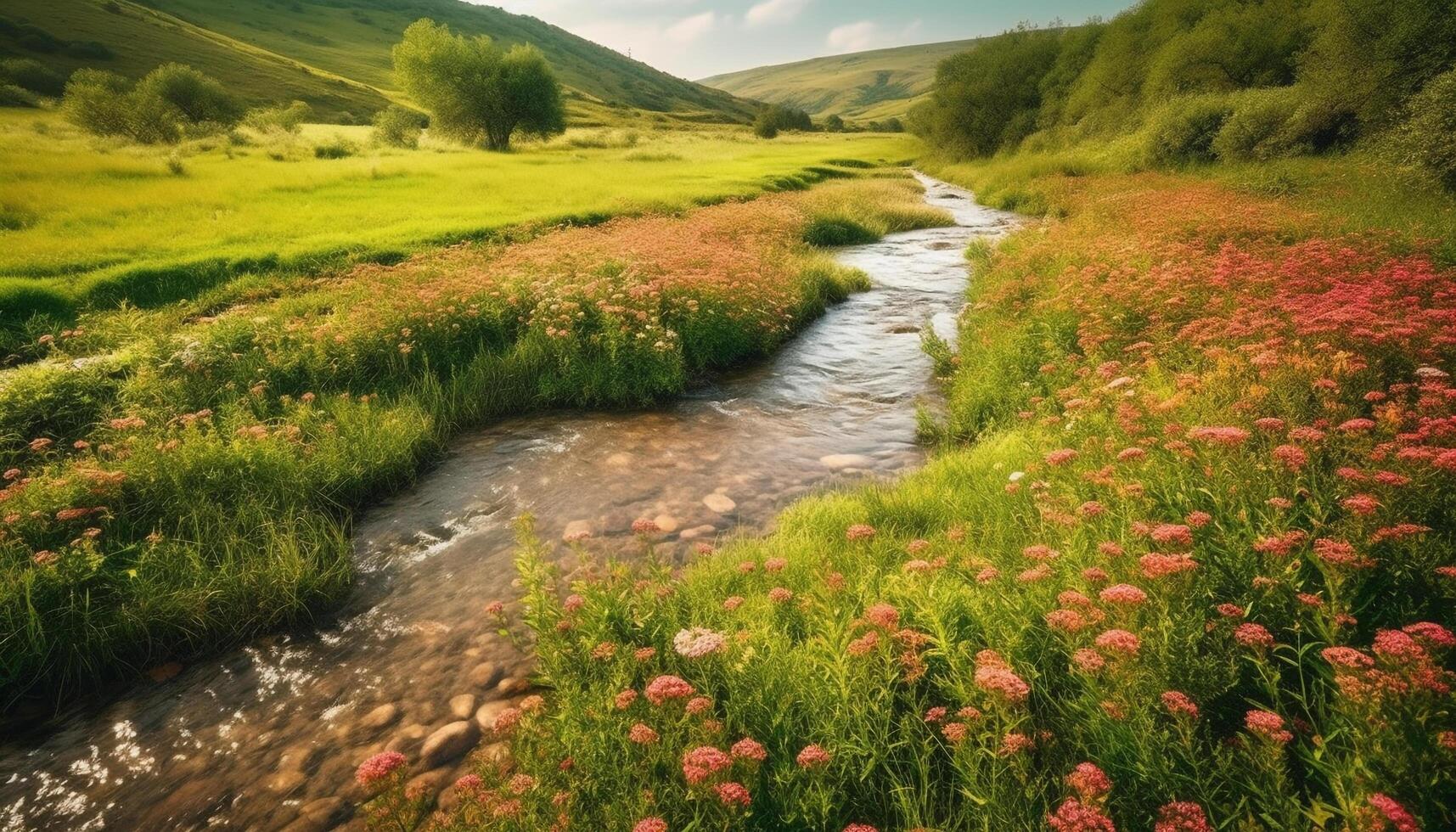 tranquilo escena de flores silvestres y arboles en no urbano montaña paisaje generado por ai foto