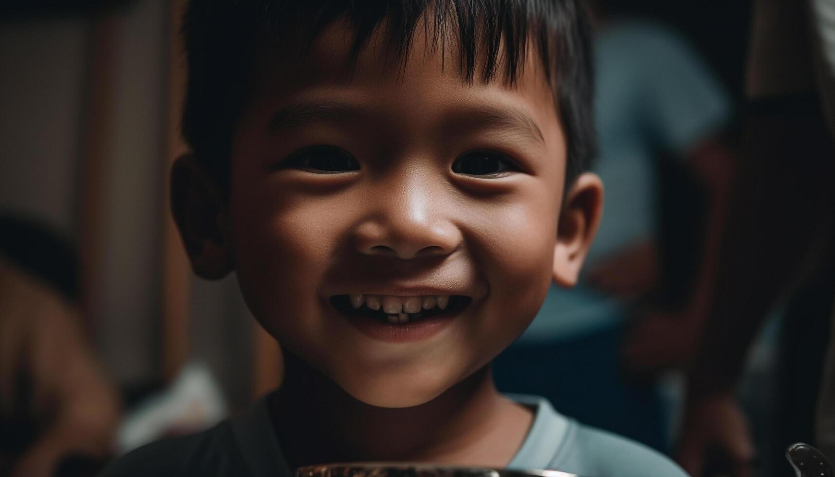 Happy schoolboy with toothy smile enjoys playful learning indoors generated by AI photo