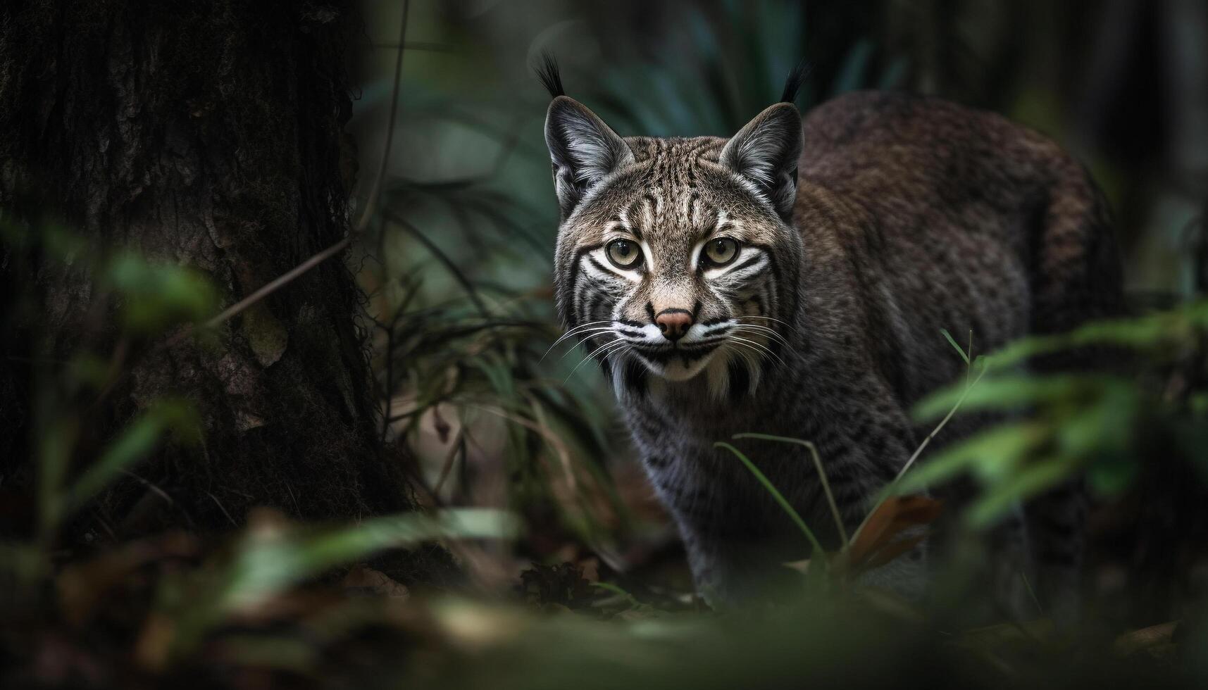 Wildcat beauty in nature, danger lurking, tiger stalking prey generated by AI photo