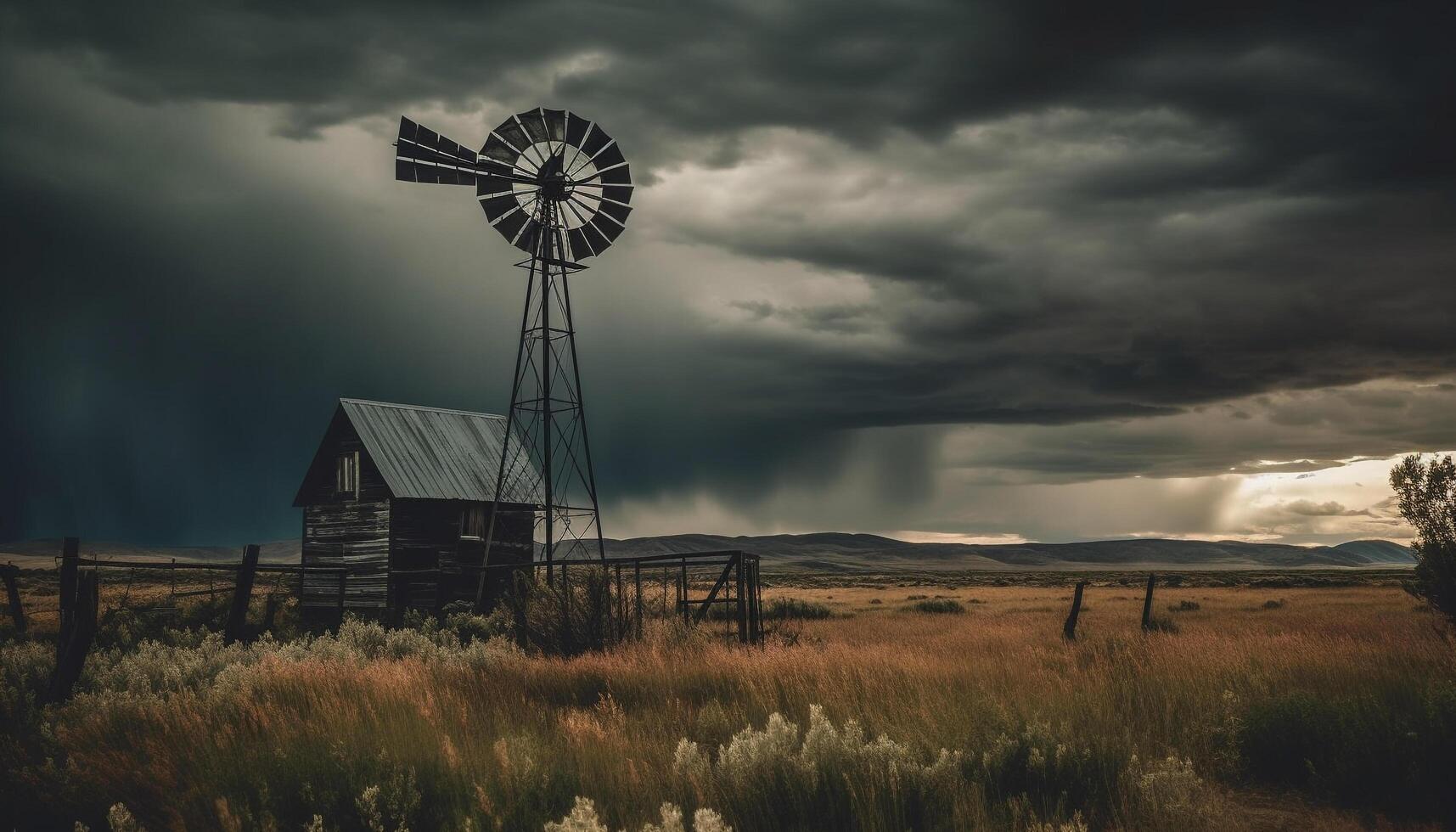 Rustic windmill generates alternative energy on abandoned ranch in Alberta generated by AI photo
