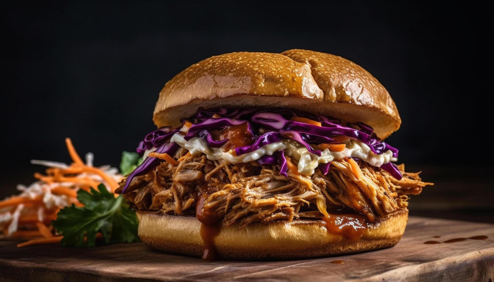 Slow cooked pulled pork sandwich with homemade barbecue sauce and fries generated by AI photo