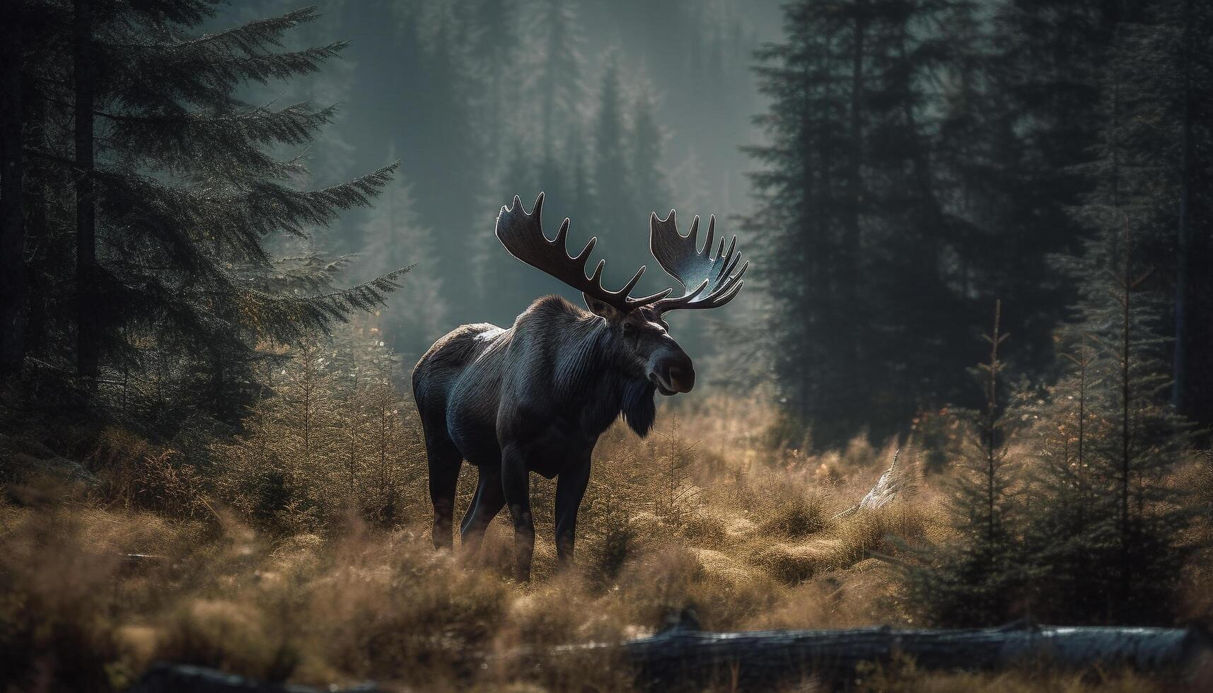 Majestic stag grazes in tranquil meadow amidst pine trees generated by AI photo