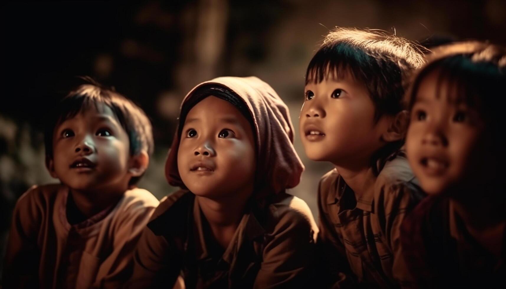 Children of diverse ethnicities explore nature, smiling with happiness generated by AI photo