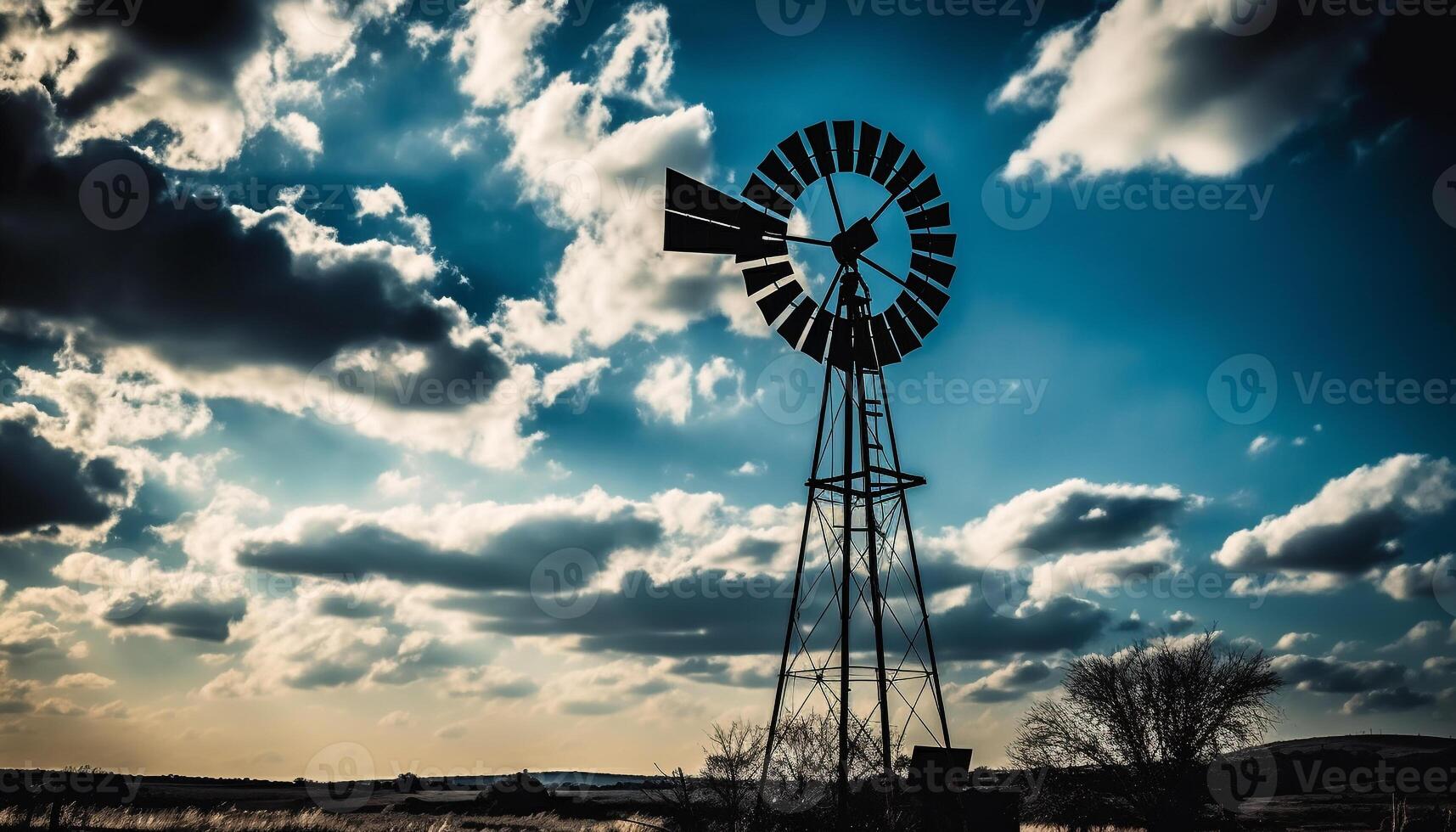 Silhouette of windmill turning in beautiful sunset, powering rural farm generated by AI photo
