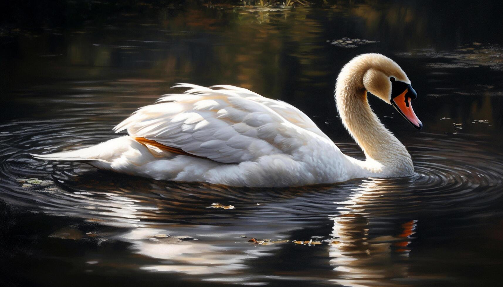 Graceful swan swimming in tranquil water, surrounded by natural beauty generated by AI photo