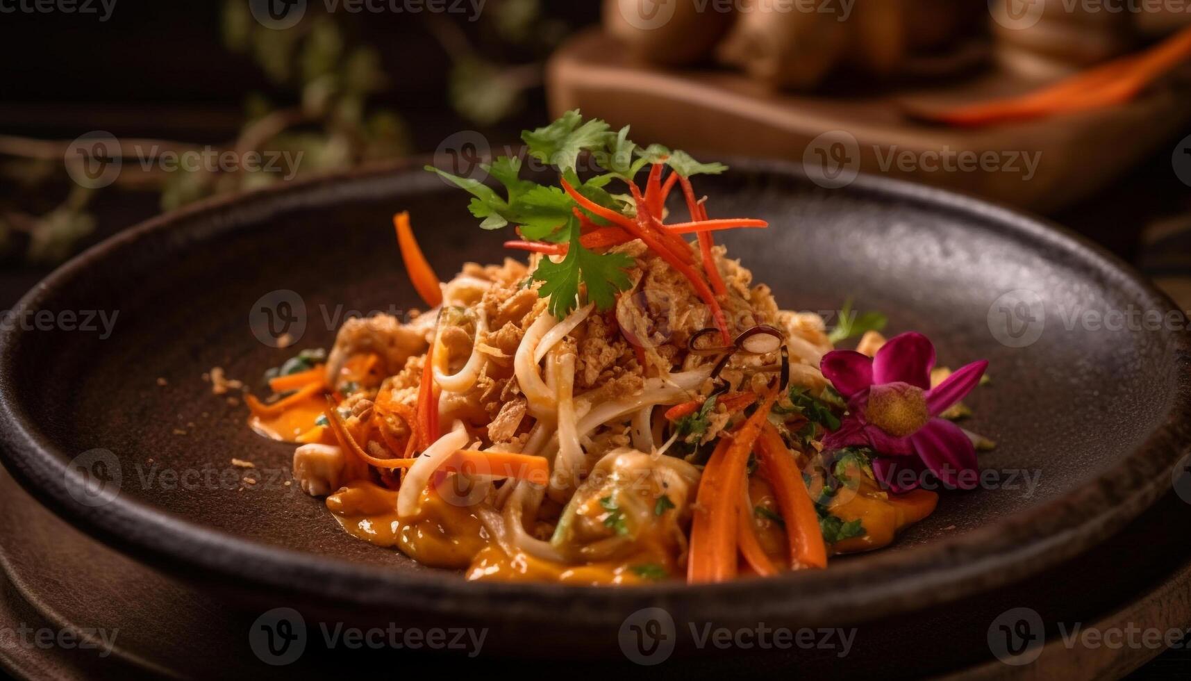 Vegetarian stir fried prawn pasta with homemade chili sauce and herbs generated by AI photo