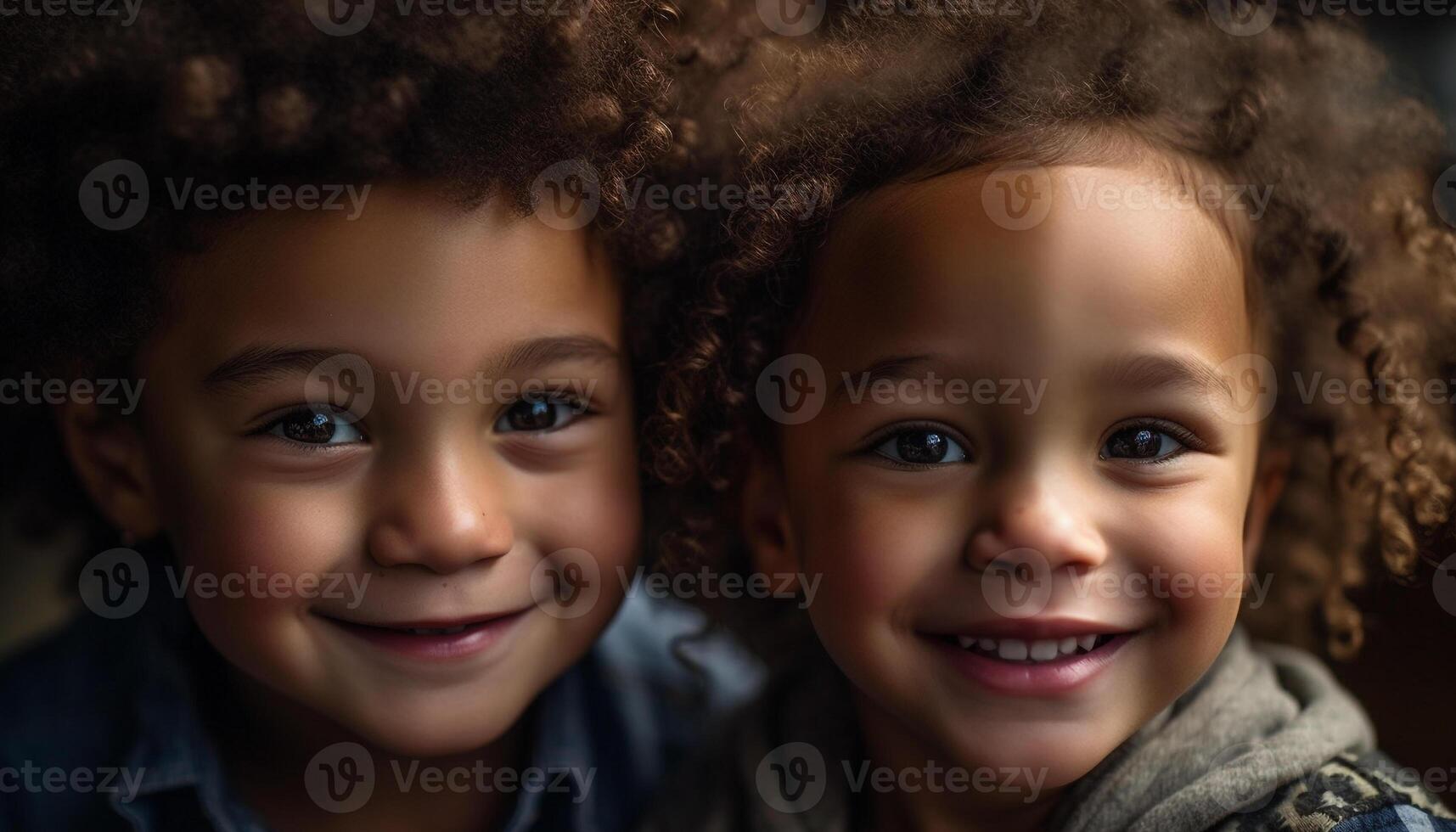 dos linda Niños con Rizado pelo compartir alegre hermano enlace adentro generado por ai foto