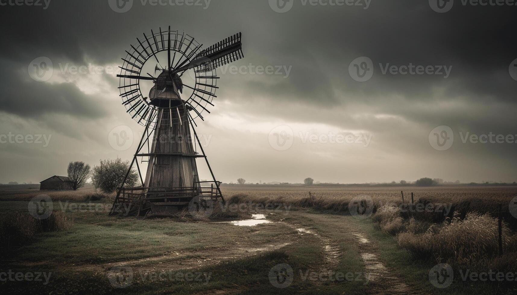 Rustic windmills generate power in tranquil non urban landscapes generated by AI photo