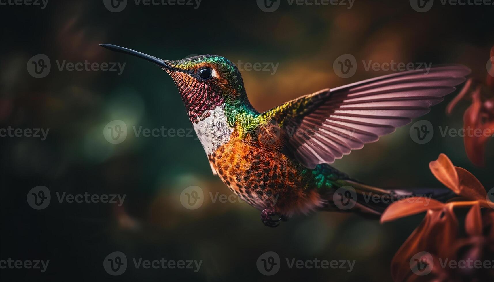 Vibrant hummingbird spreads wings in mid air, pollinating purple flowers generated by AI photo