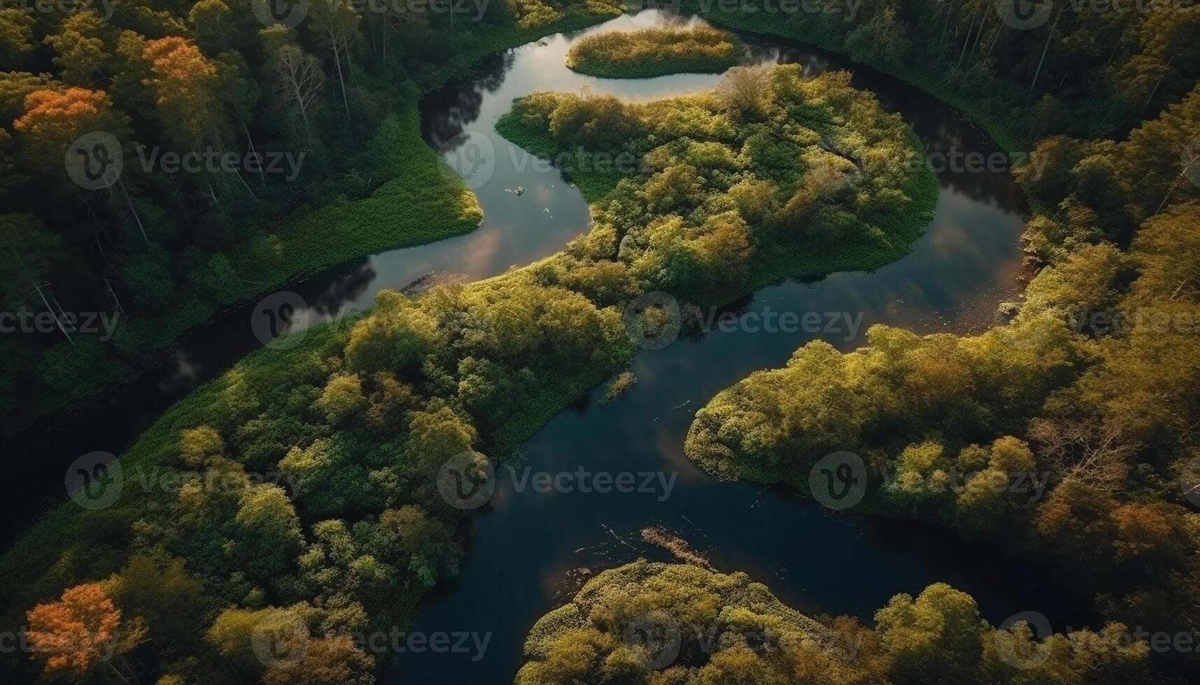 Tranquil meadow high up, panoramic beauty in nature reflection generated by AI photo