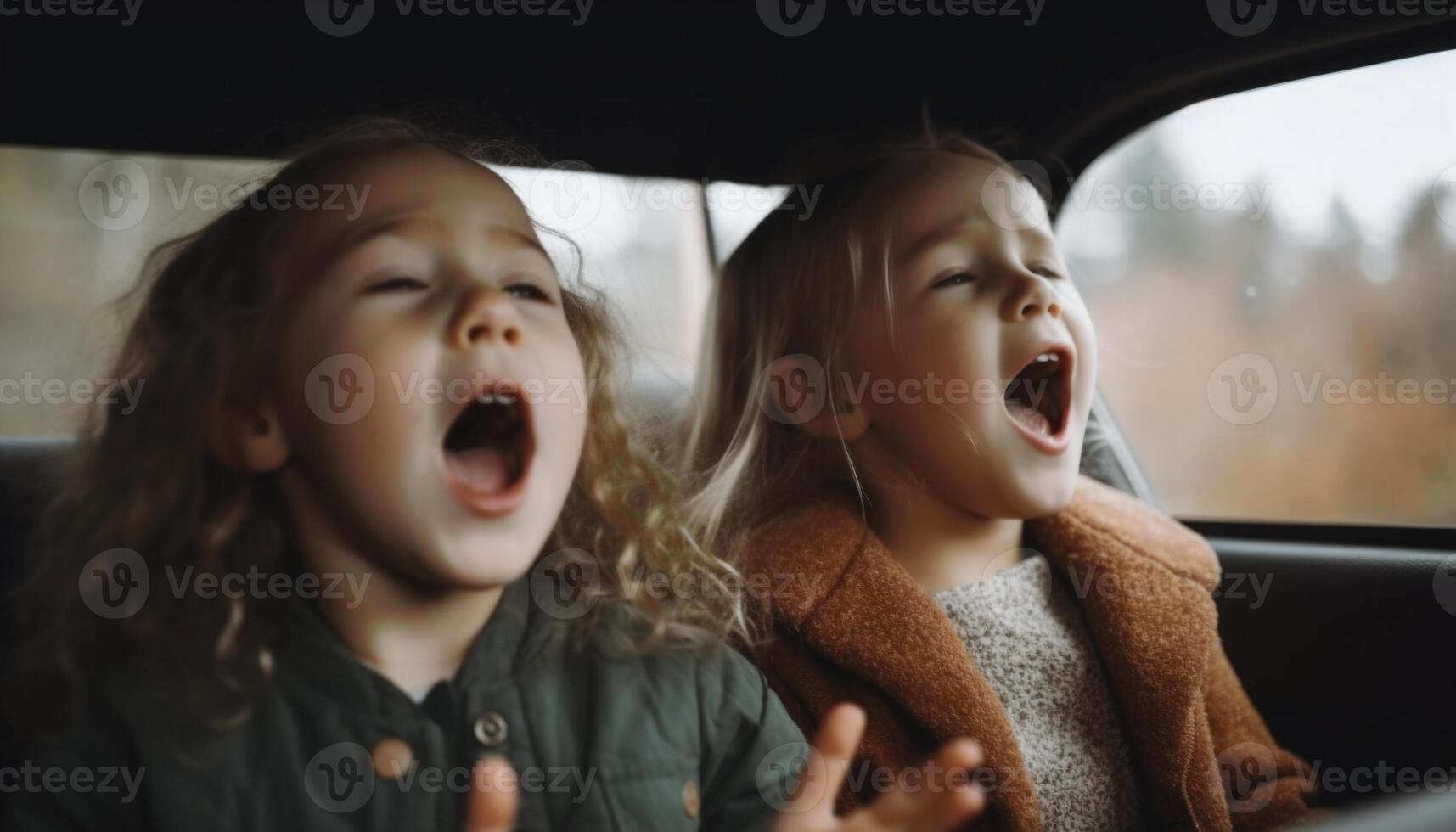 Brother and sister laughing, enjoying road trip in cute car generated by AI photo