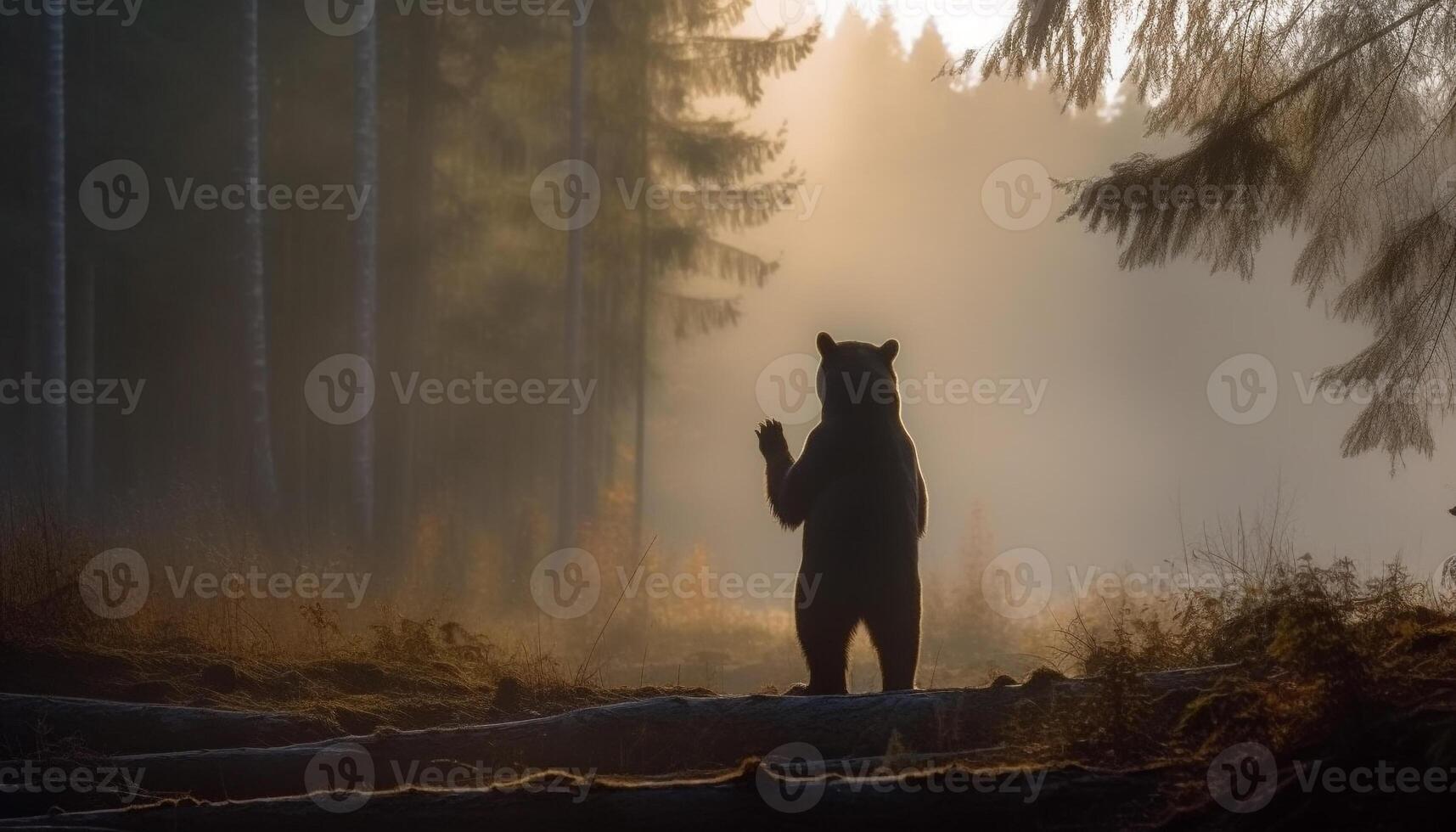 Majestic feline standing in tranquil scene, back lit by sunrise generated by AI photo