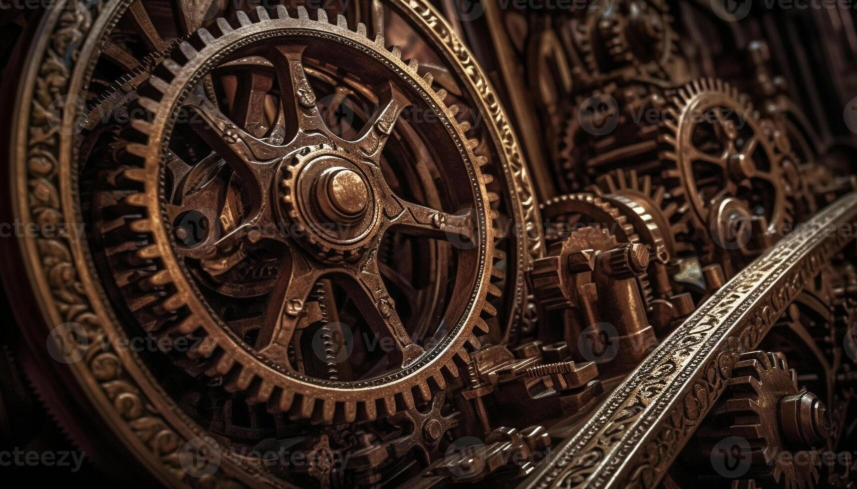 Steampunk clockworks turning inside of old metallic factory machinery generated by AI photo