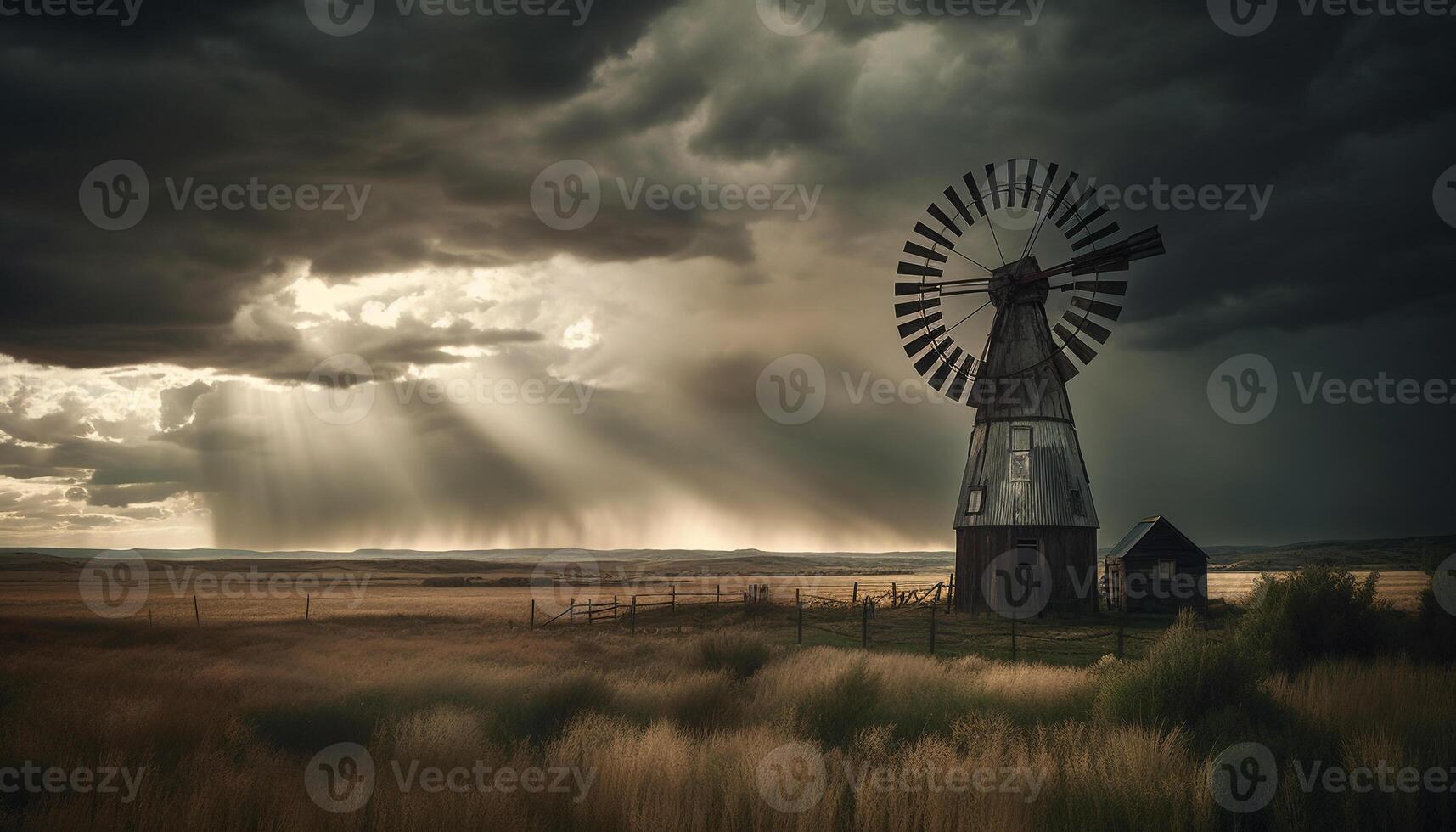 Wind turbines generate electricity on abandoned farm in dramatic dusk sky generated by AI photo