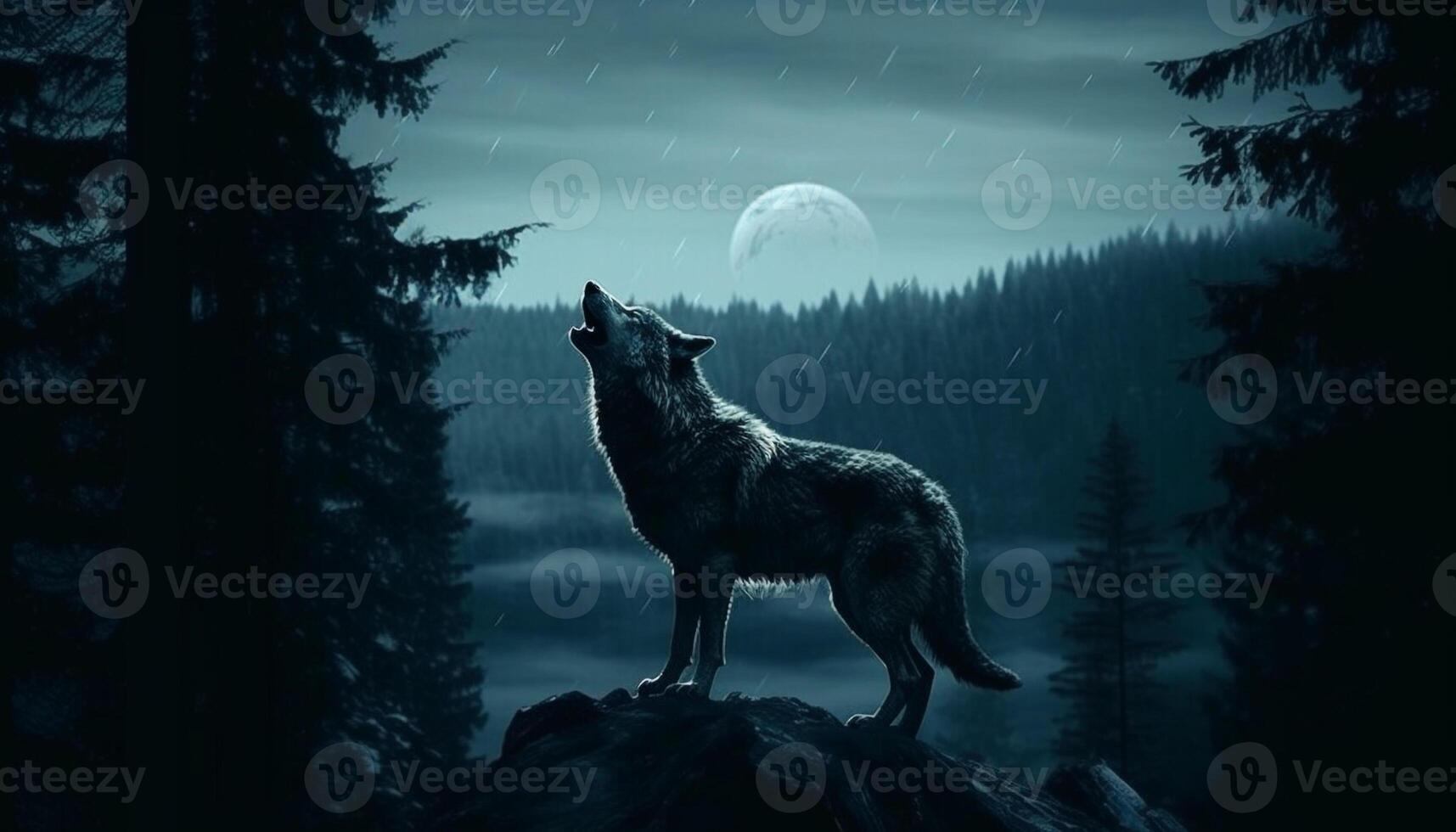 Majestic gray wolf standing in the wilderness, howling at moonlight generated by AI photo