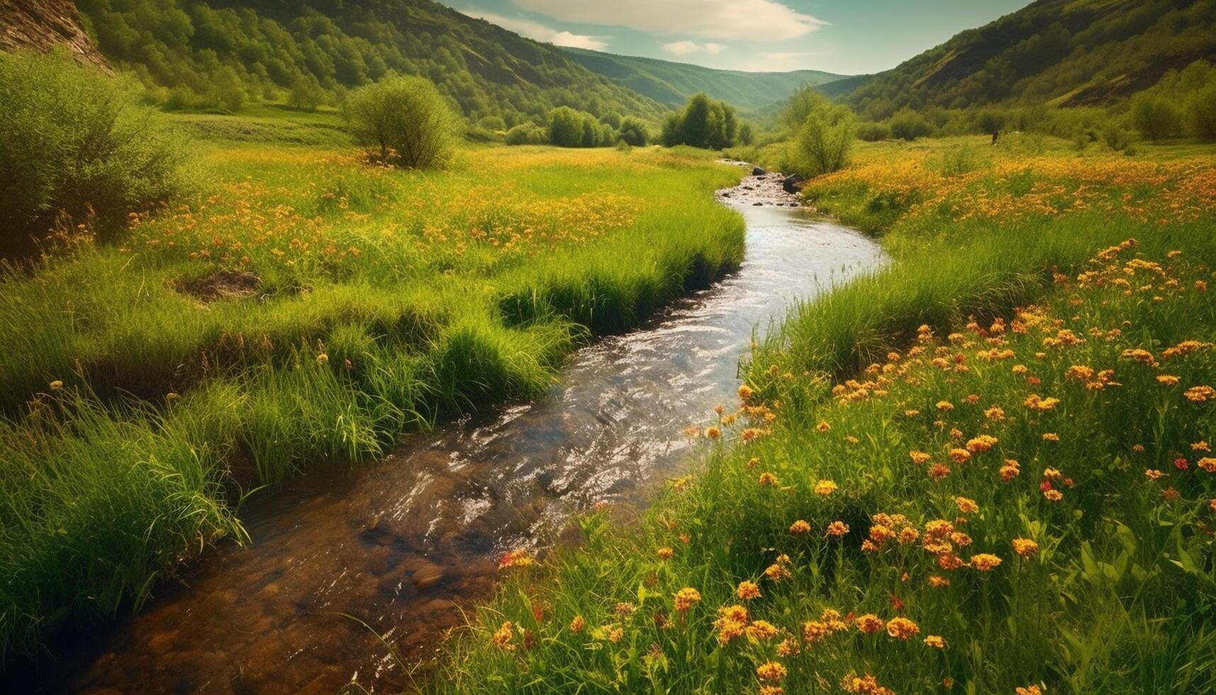 Tranquil footpath winds through meadow, mountain range in distance generated by AI photo