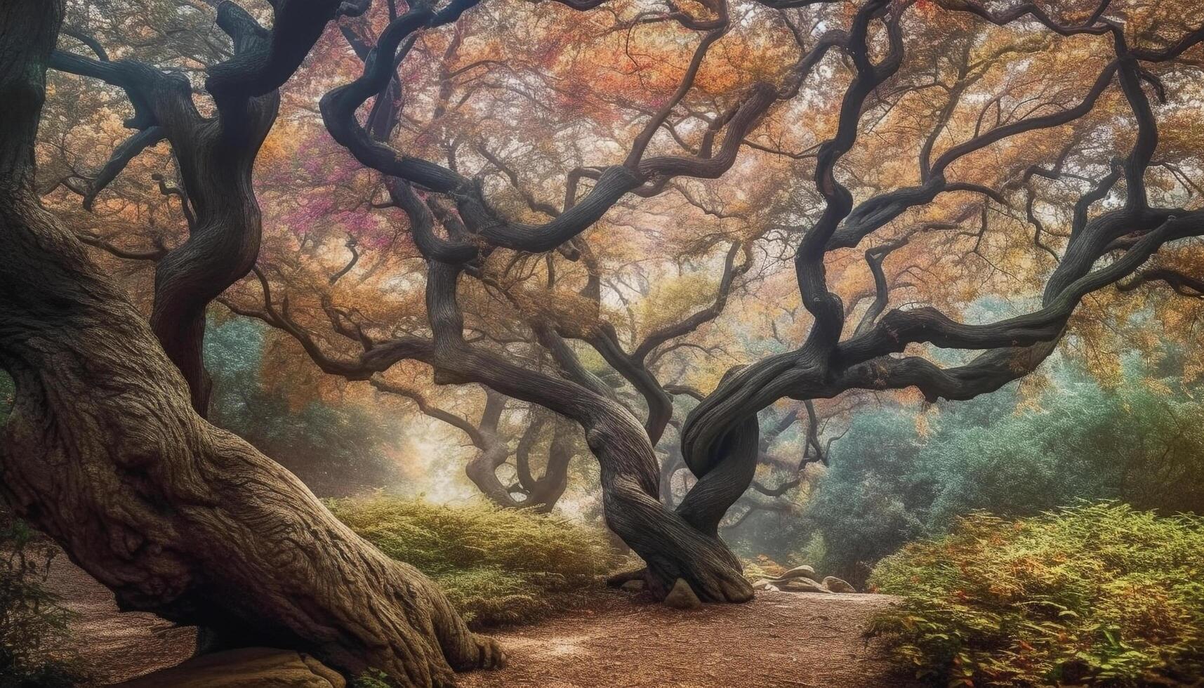 vibrante colores de otoño follaje en tranquilo rural sendero generado por ai foto