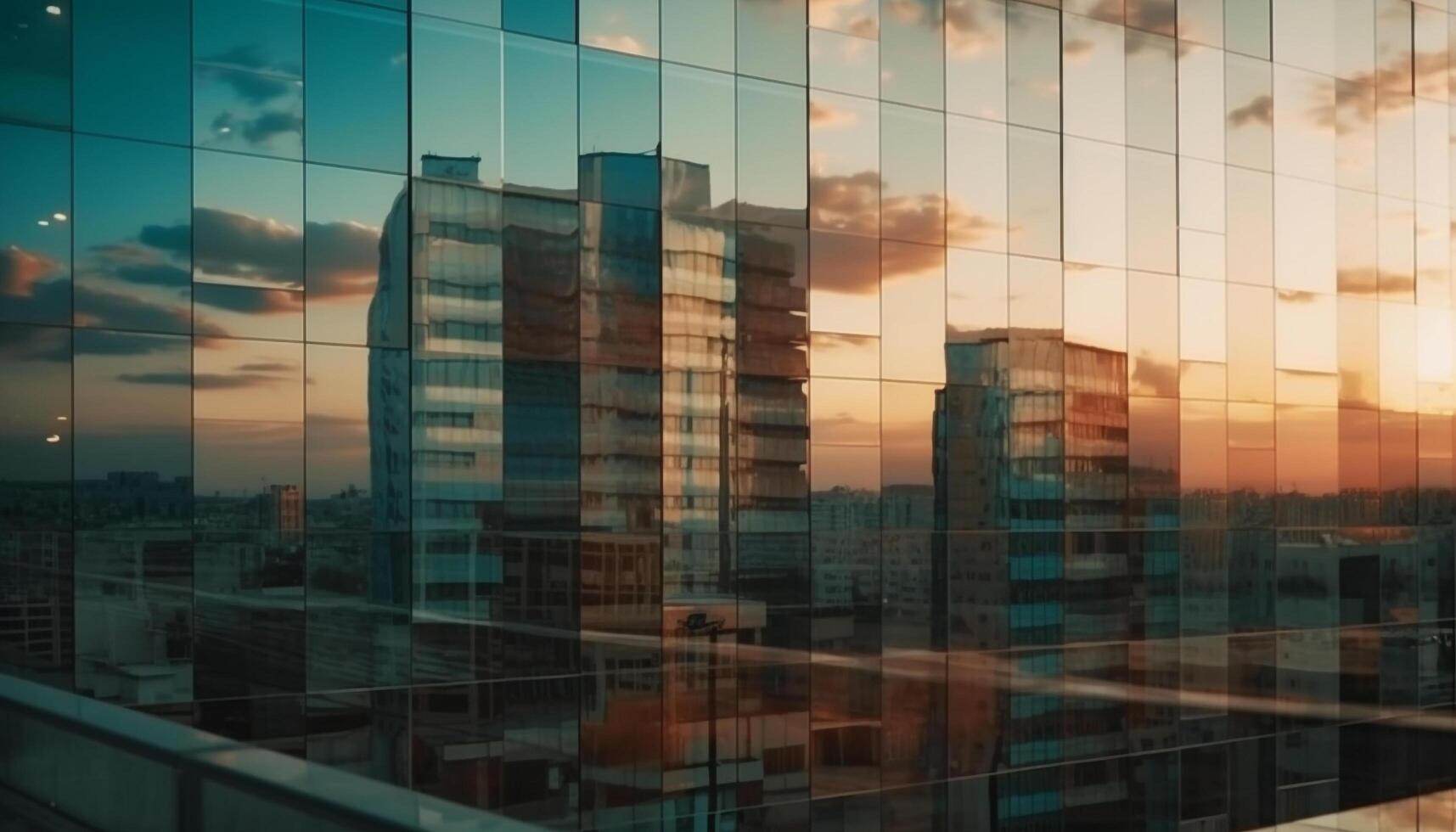 Modern glass skyscraper reflects city life in panoramic twilight view generated by AI photo
