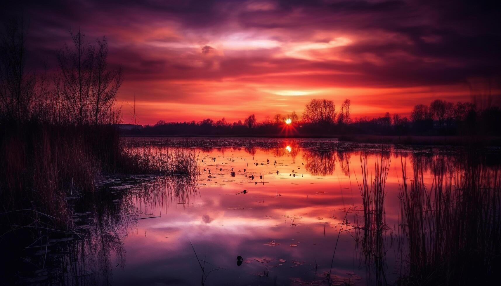Tranquil sunrise silhouette, reflecting beauty in nature multi colored atmosphere generated by AI photo