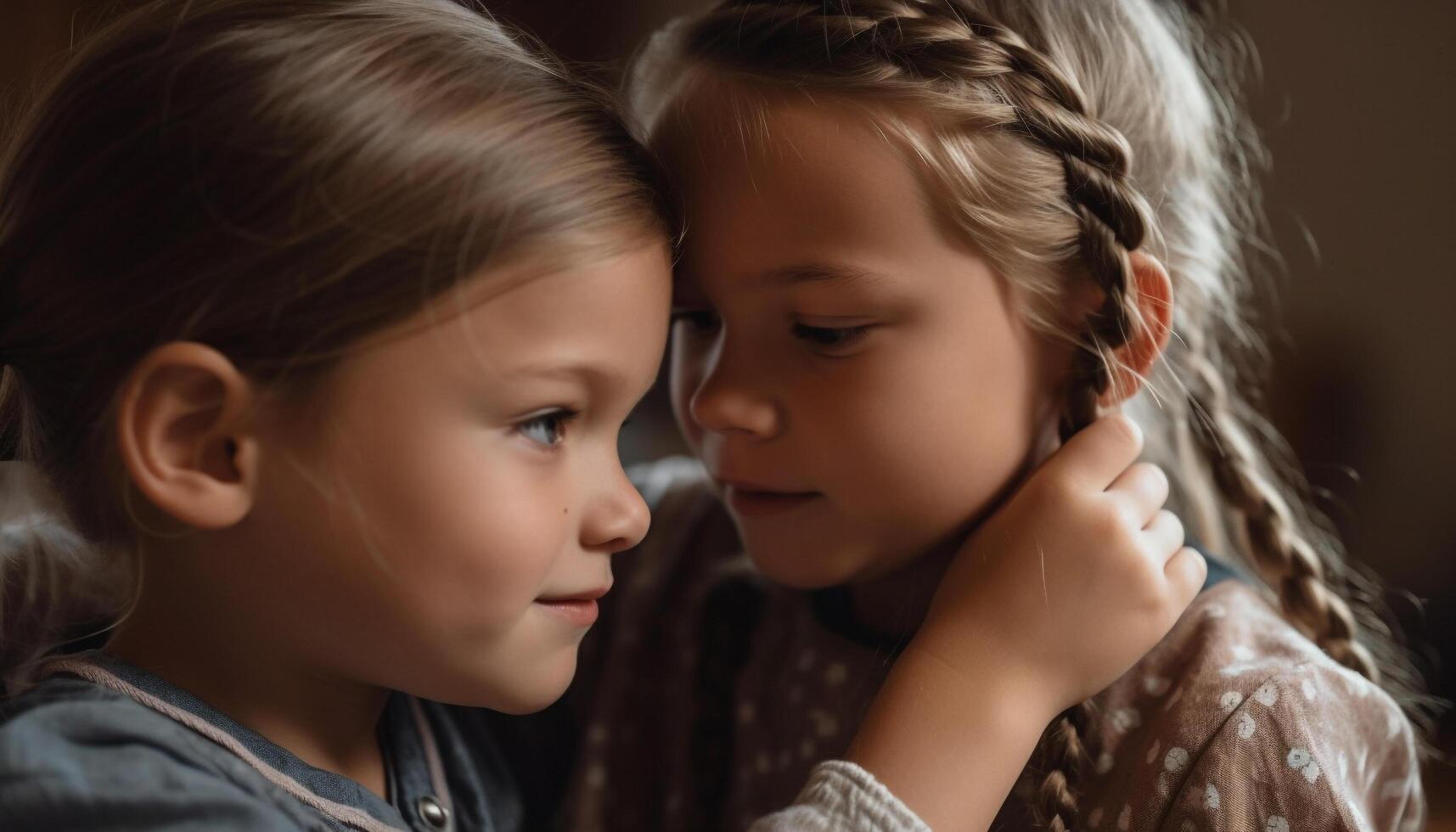 Sibling bonding, innocence, and joy in playful home embrace generated by AI photo