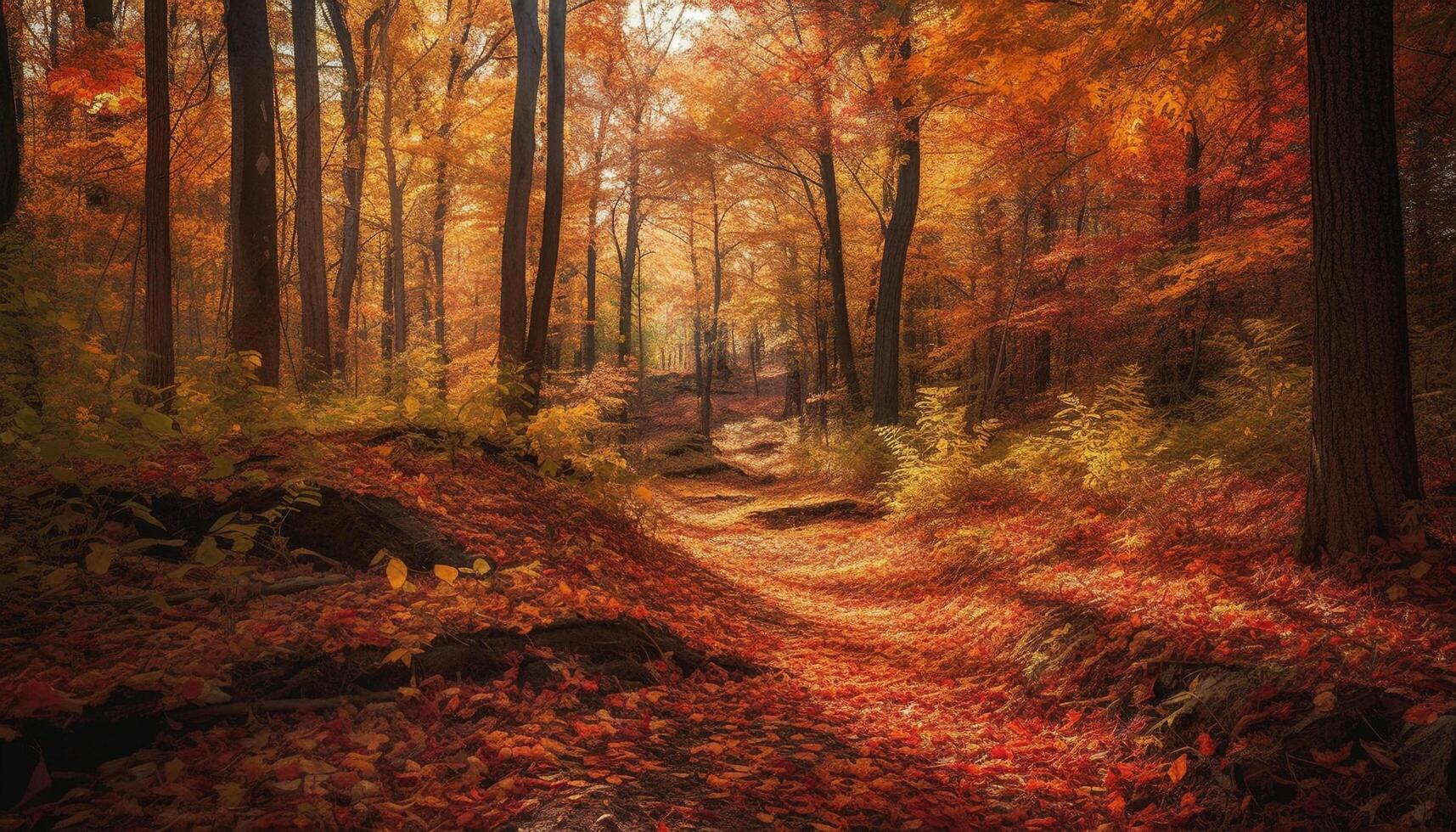 Tranquil footpath winds through vibrant autumn wilderness, a nature paradise generated by AI photo