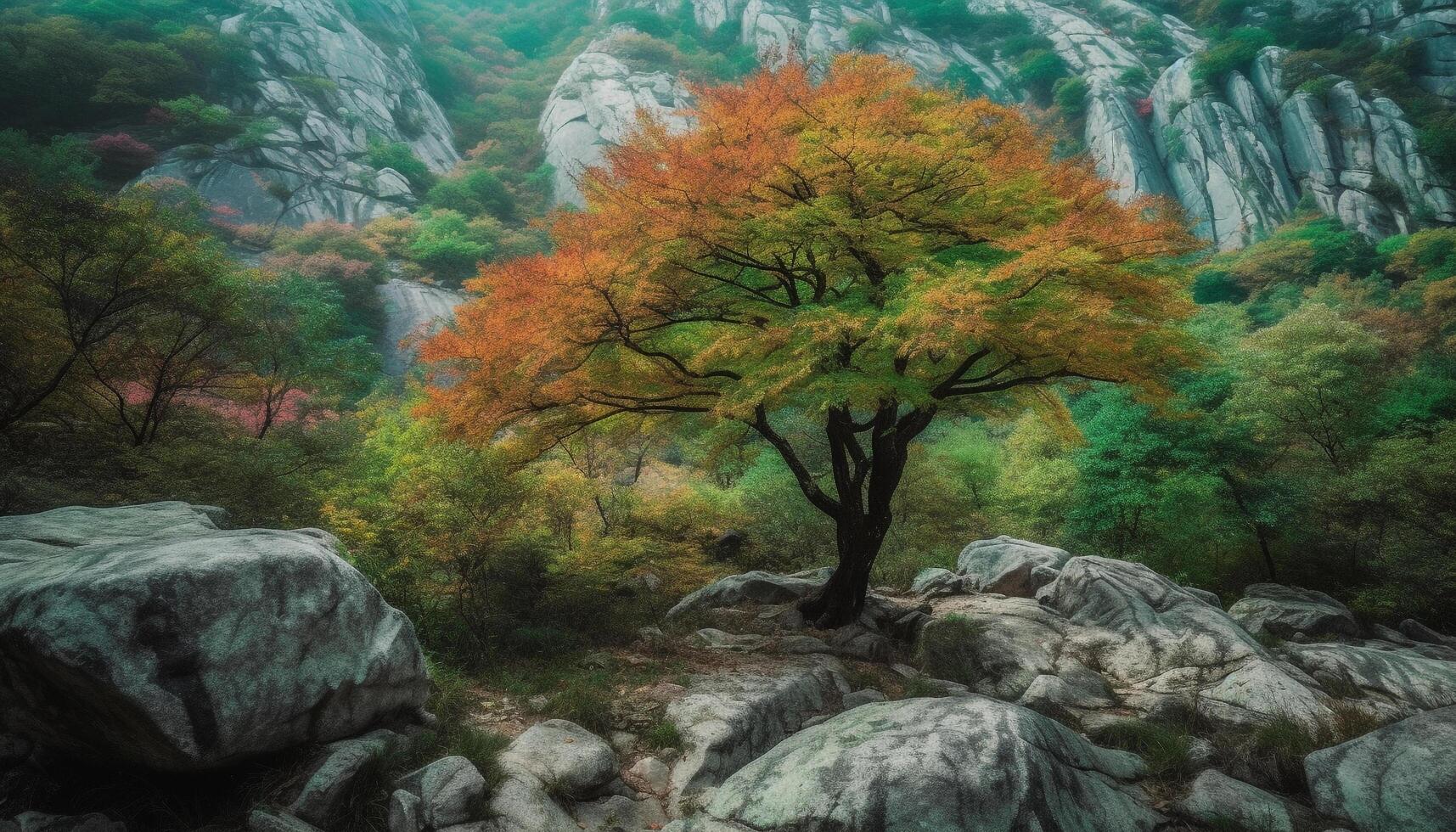 Tranquil autumn landscape green, yellow, and multi colored leaves on trees generated by AI photo
