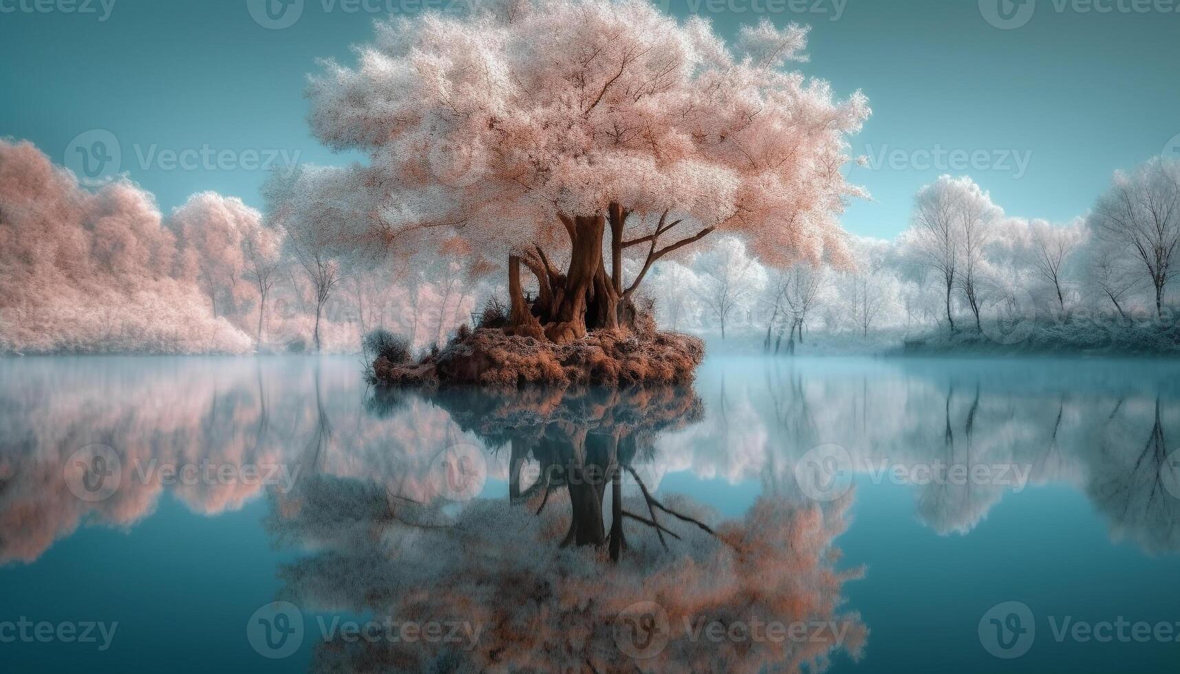 Solitude in surreal landscape tranquil pond, old tree, sunset generated by AI photo