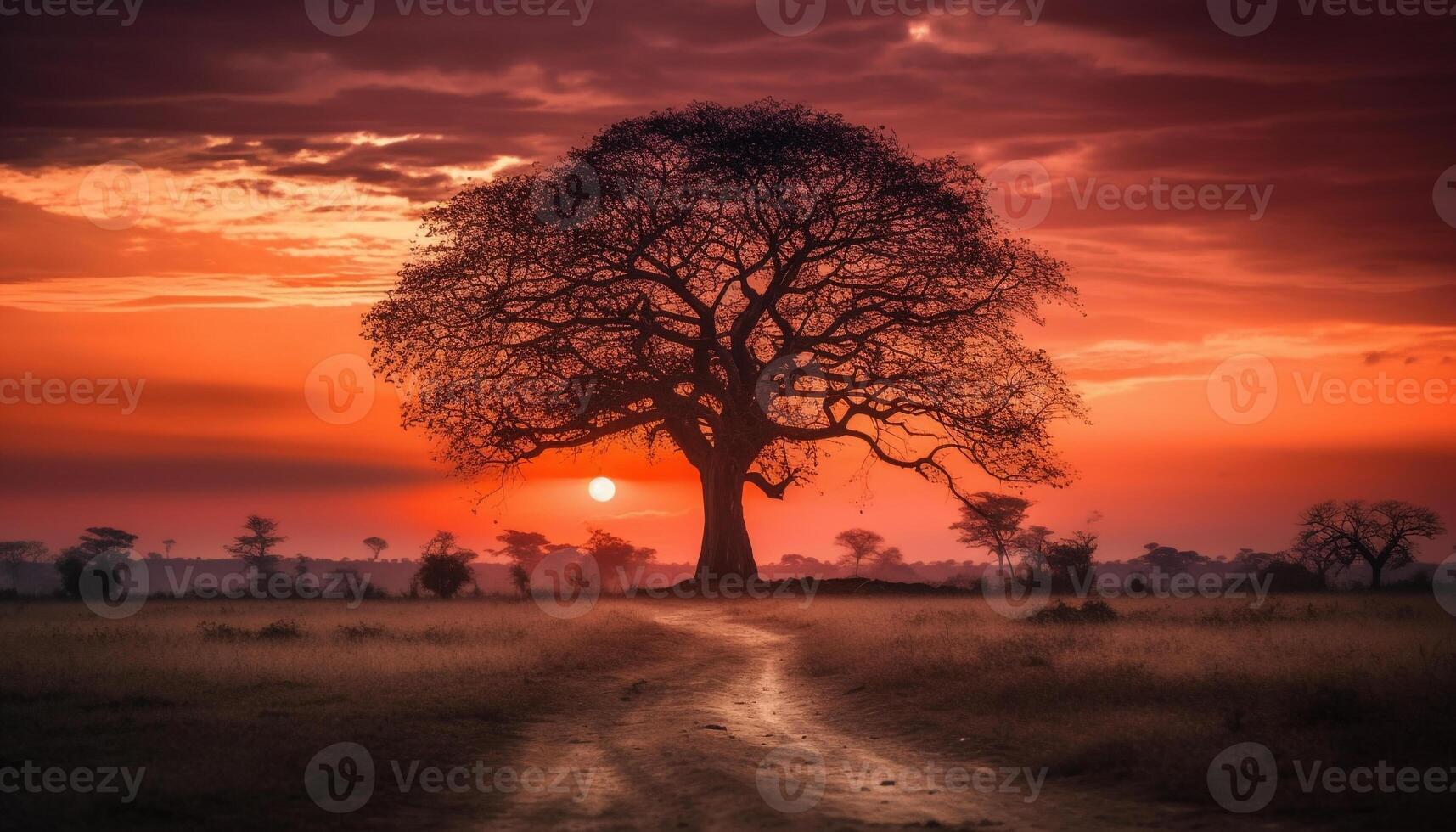 Golden acacia tree stands alone in tranquil African savannah generated by AI photo