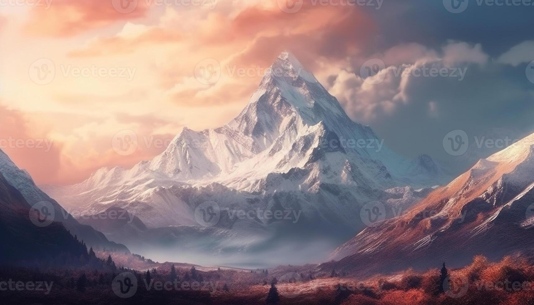 Majestic mountain range, high up, with dramatic sky and sunlight generated by AI photo