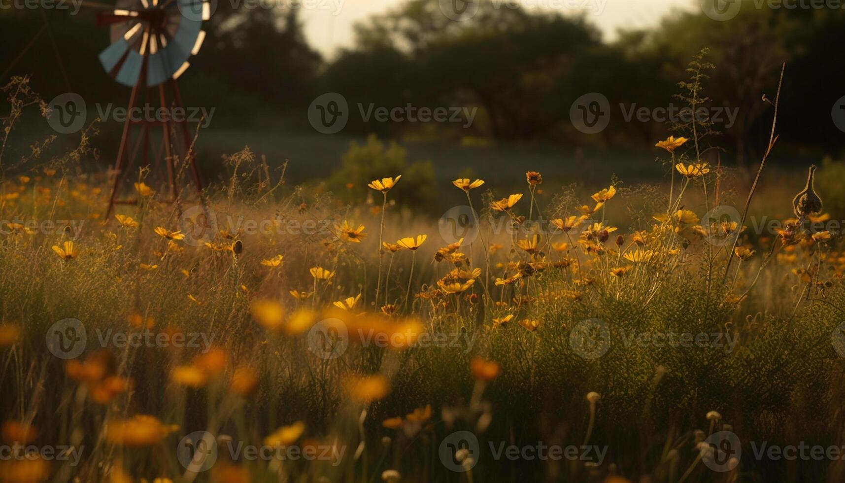 Vibrant colored wildflowers blossom in tranquil meadow at sunrise generated by AI photo