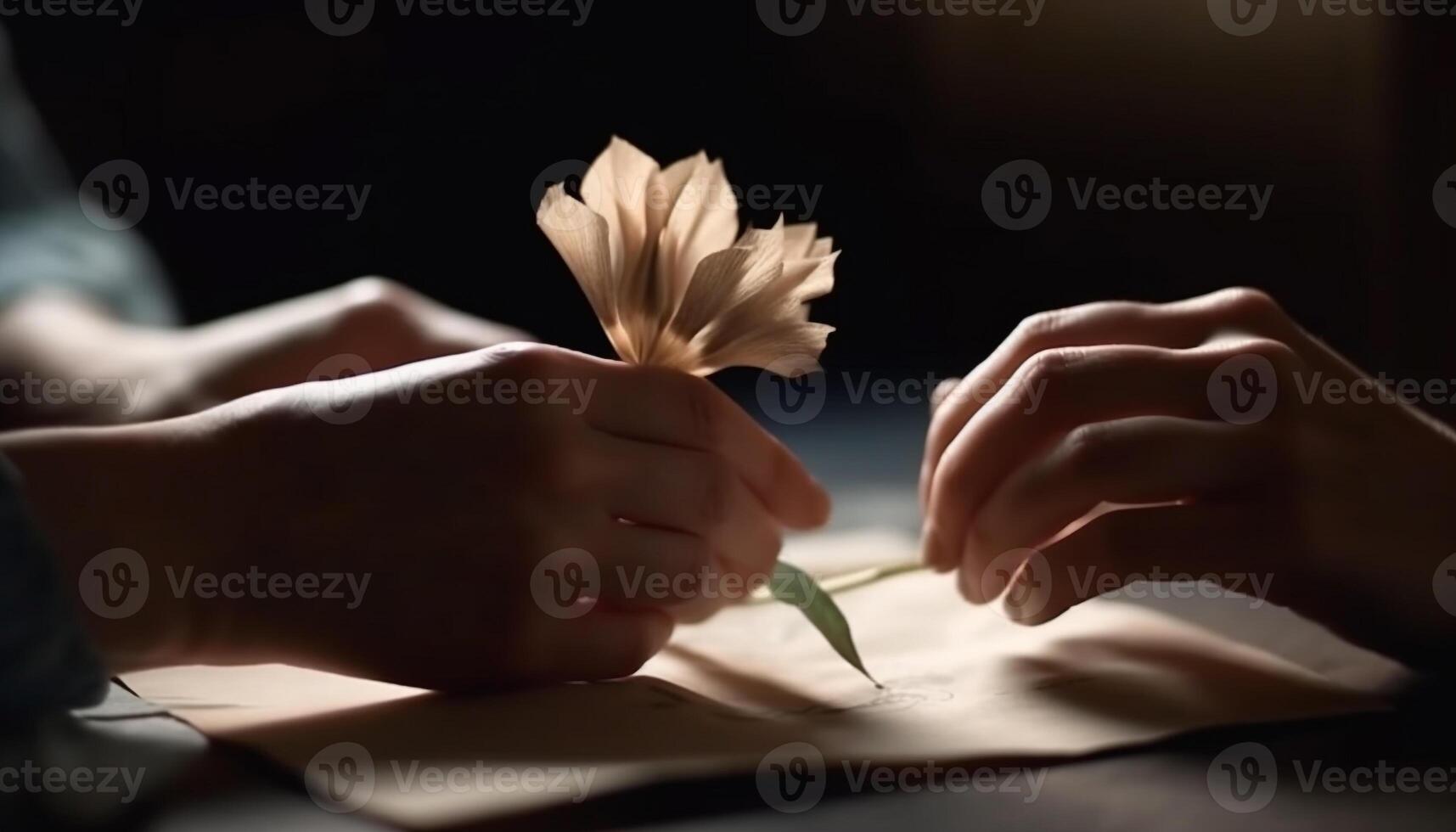 Love and creativity bloom on table, hand holding single flower generated by AI photo