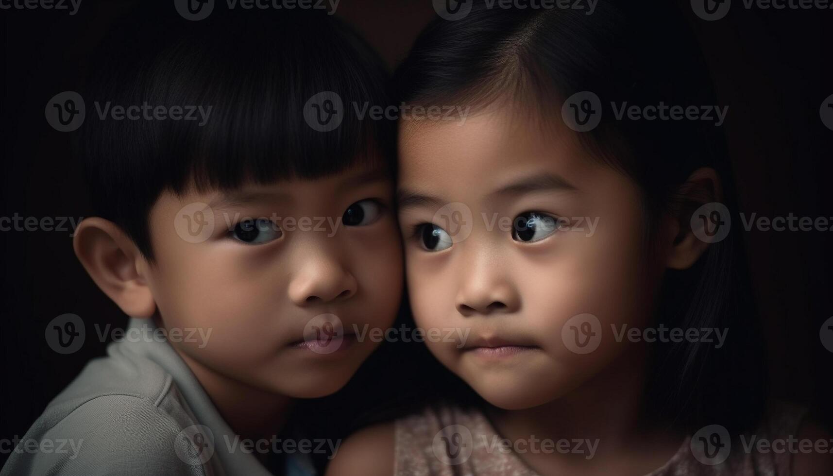 Smiling siblings of different ethnicities in a joyful studio portrait generated by AI photo