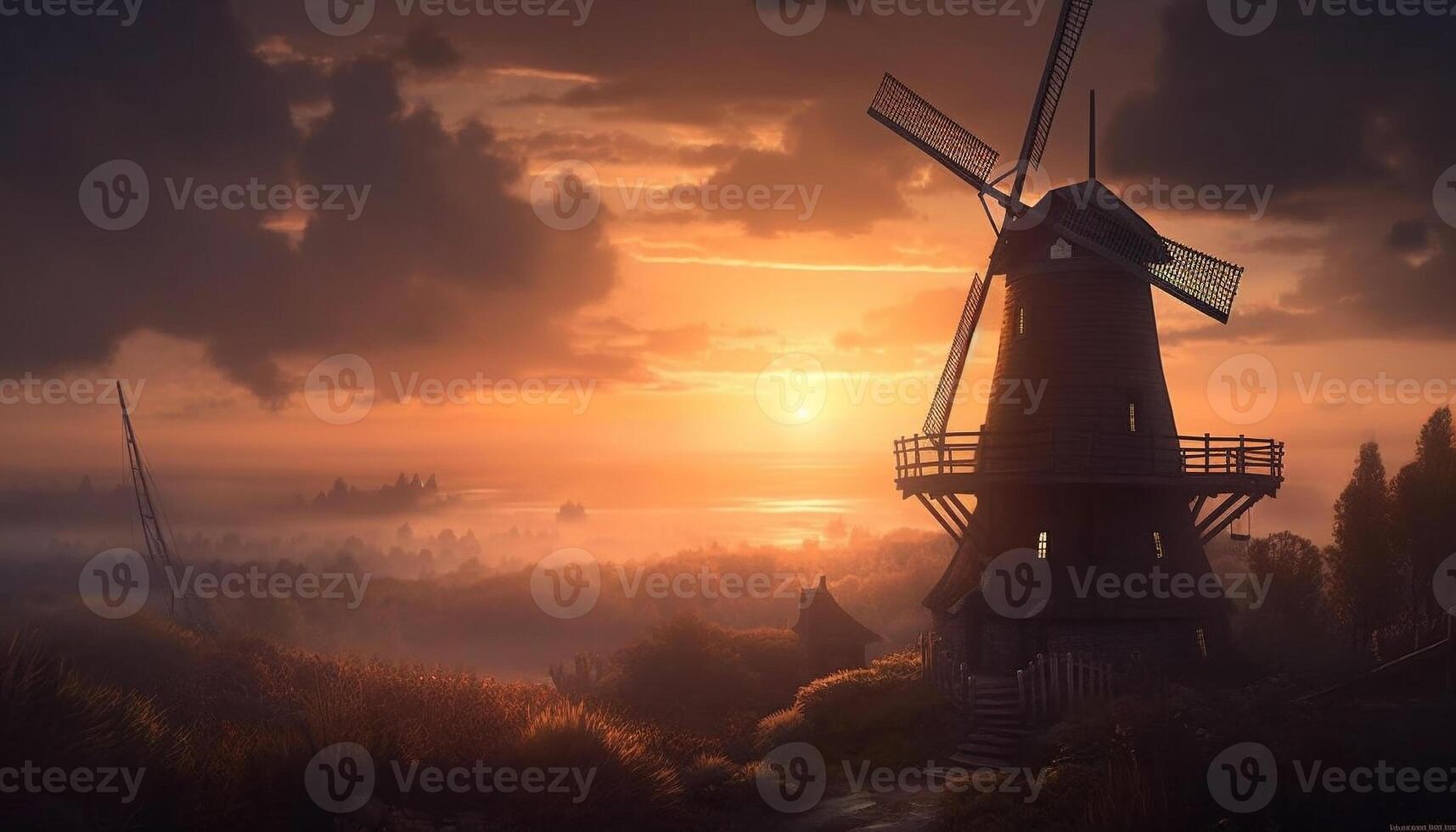 Sunrise silhouette Windmill propels power generation in rural autumn meadow generated by AI photo