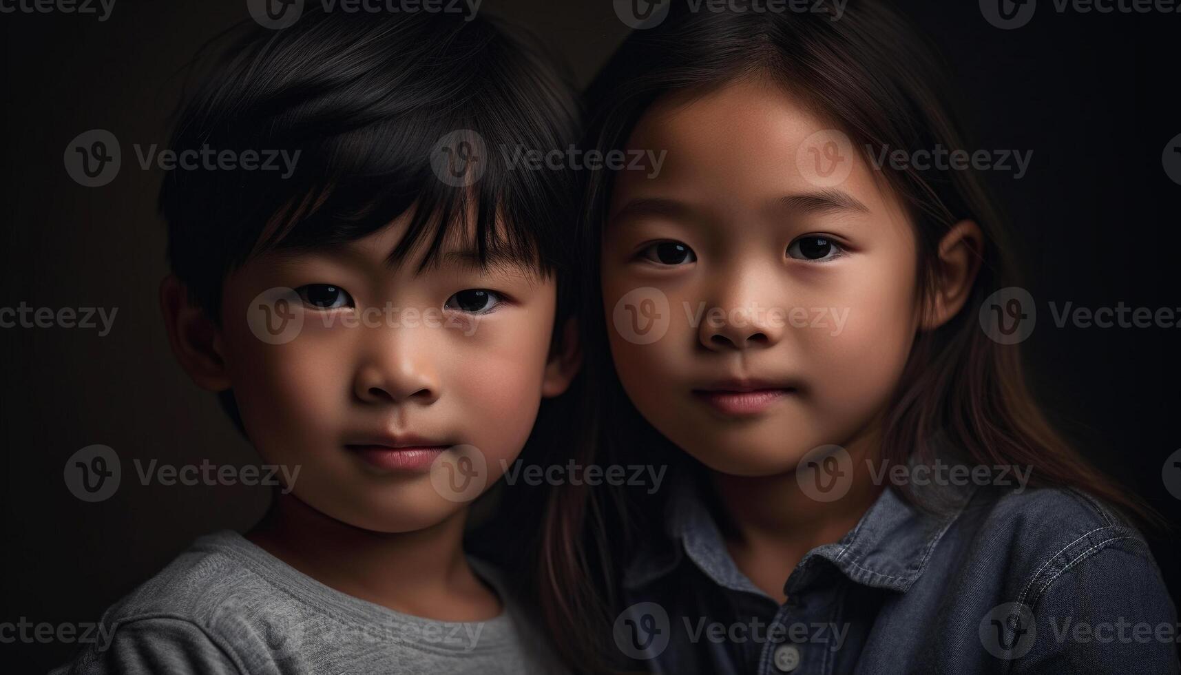 Happy siblings embrace in studio, love and joy abound generated by AI photo