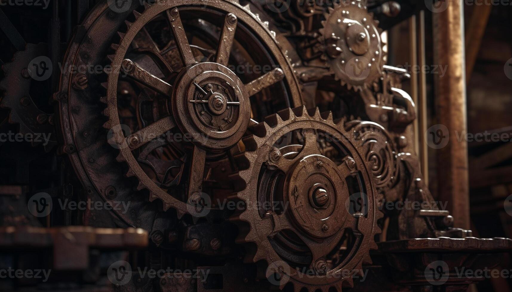 Old workshop rusty robot interlocked with antique industrial equipment generated by AI photo