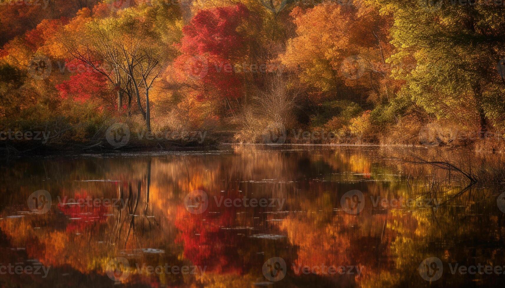 Vibrant autumn landscape Maple tree reflects in tranquil pond water generated by AI photo