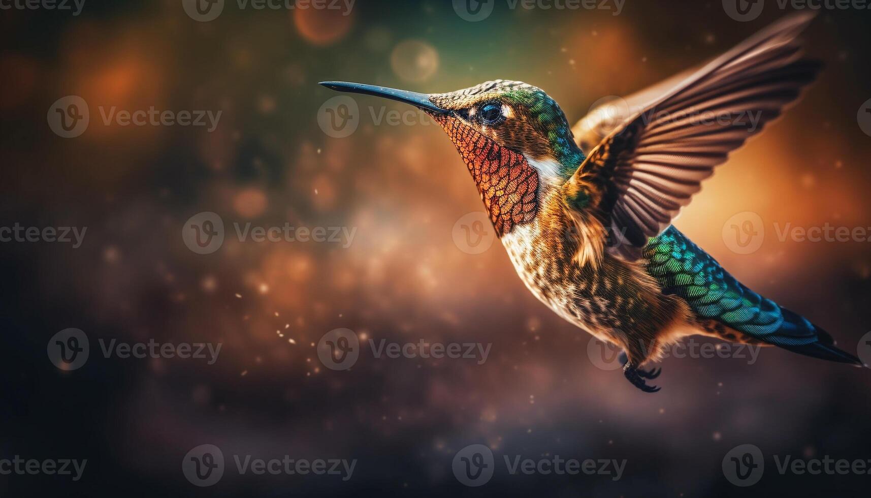Hummingbird hovering, spreading iridescent wings, pollinating vibrant flowers outdoors generated by AI photo