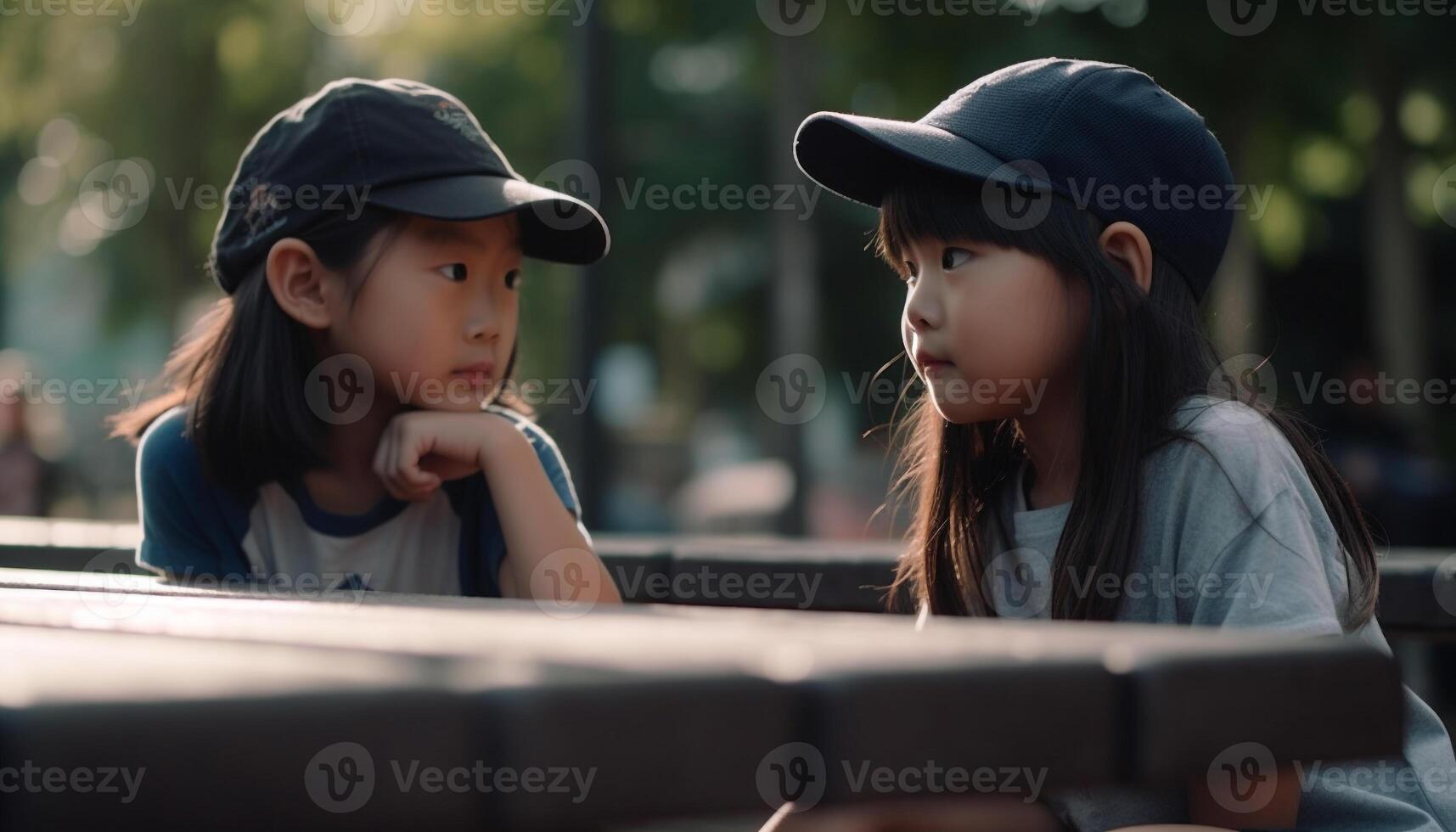 Smiling children playing on bench in nature, enjoying togetherness generated by AI photo