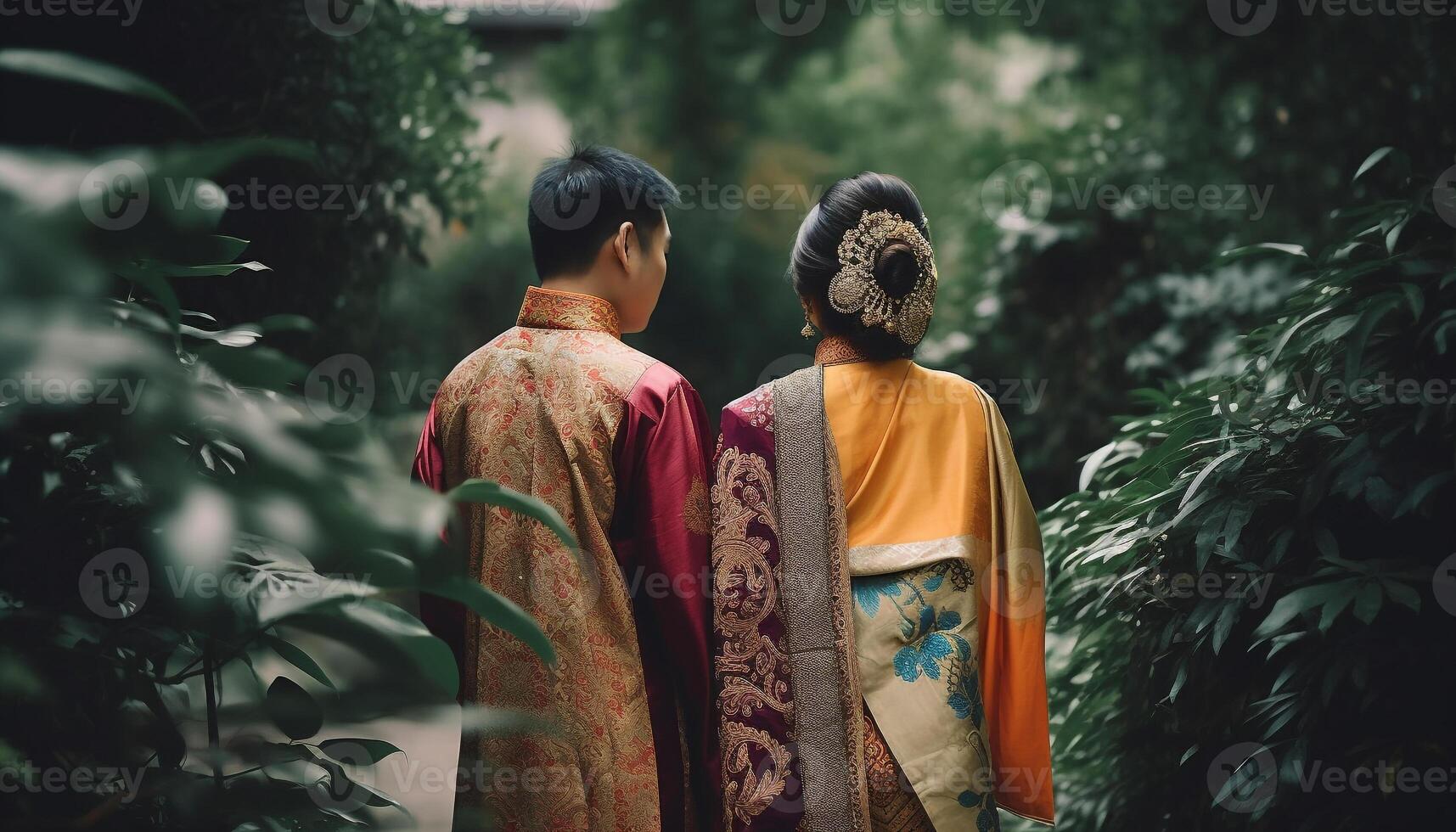 heterosexual Pareja en tradicional ropa caminando en rural escena juntos generado por ai foto