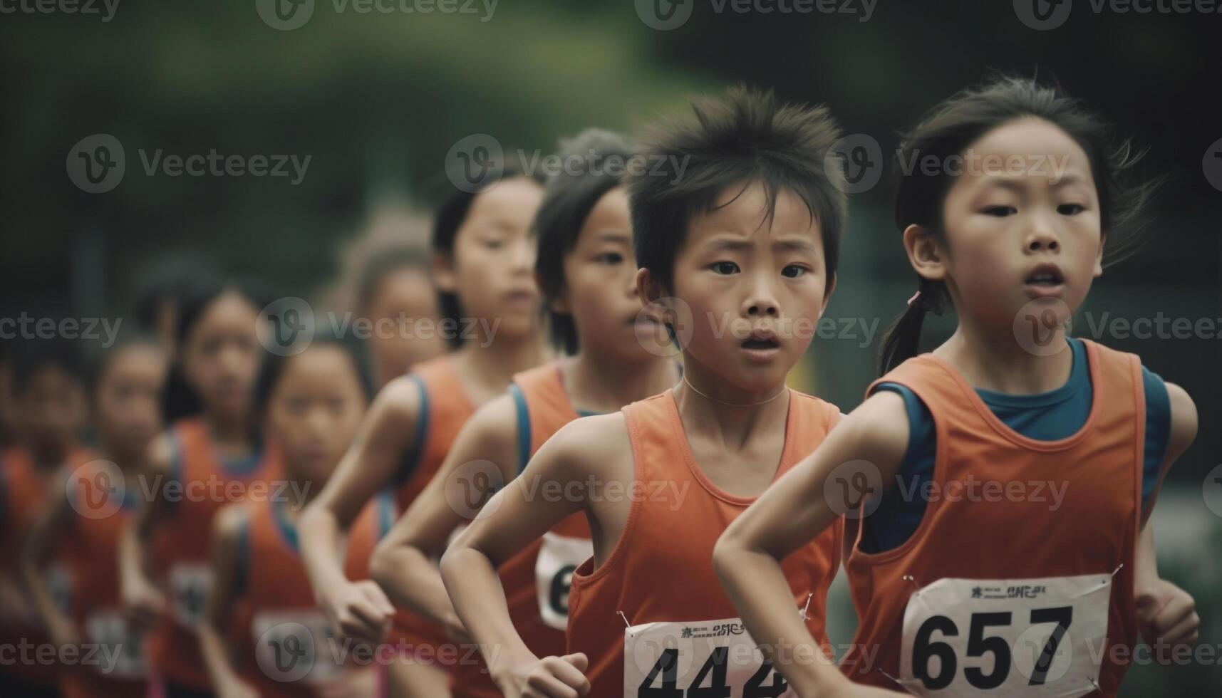 A joyful group of people practicing sports race in nature generated by AI photo