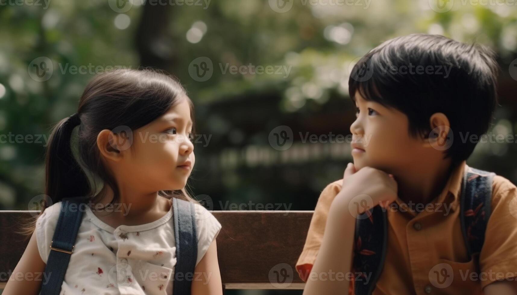 Smiling children sitting on bench enjoying nature and friendship together generated by AI photo