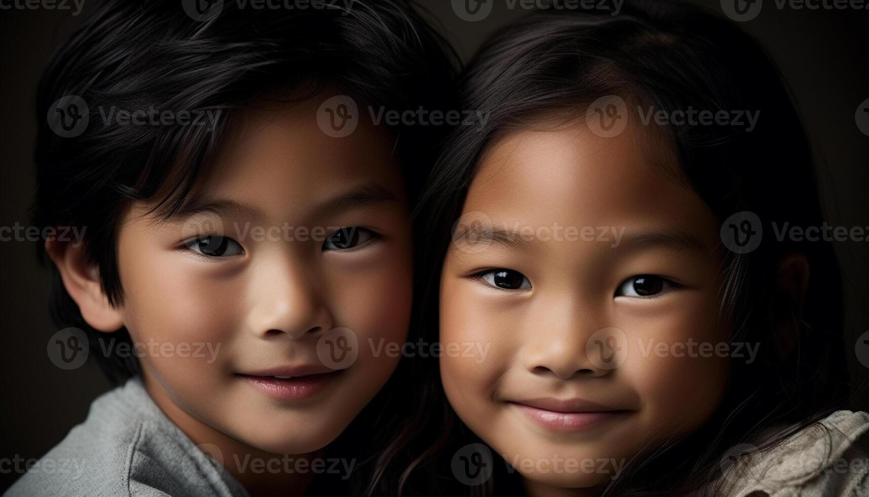 Smiling siblings embrace in close up portrait, radiating childhood happiness generated by AI photo