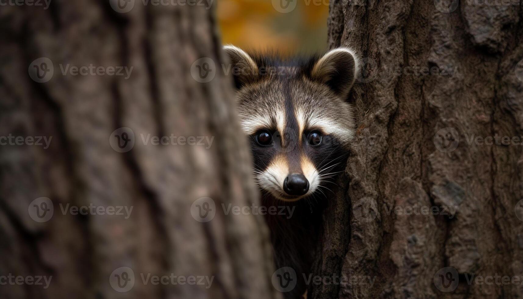 en peligro de extinción rojo zorro y mapache mirando linda en otoño bosque generado por ai foto