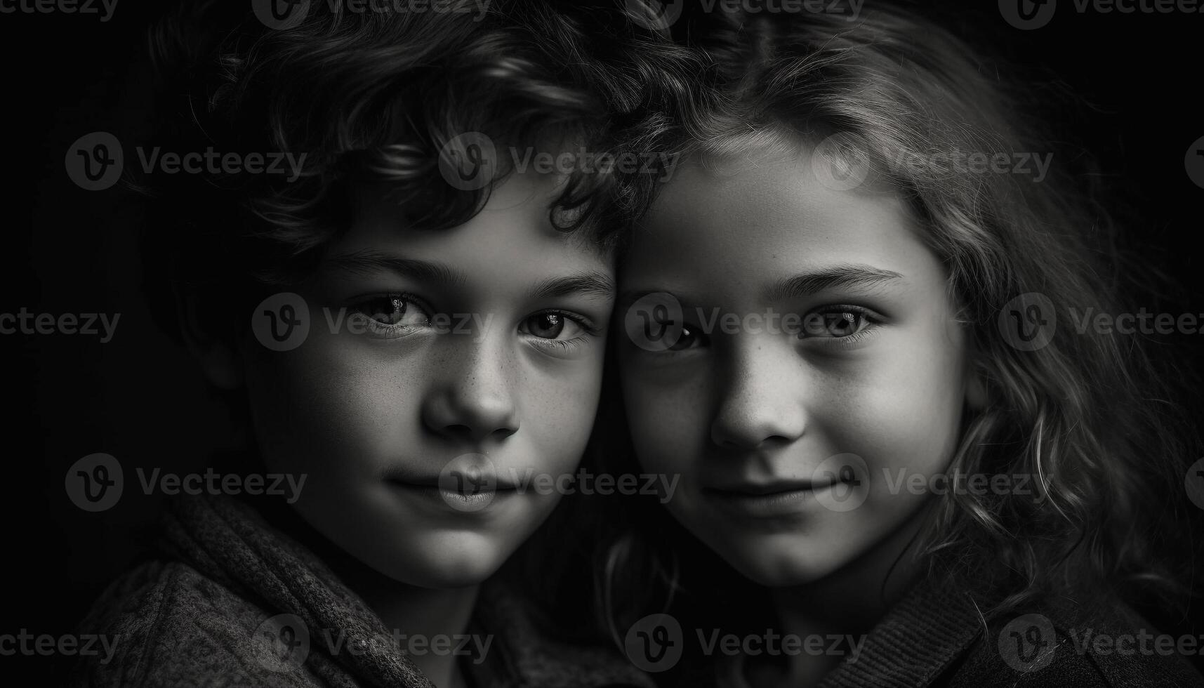 Smiling siblings embrace, exuding love and innocence in monochrome portrait generated by AI photo