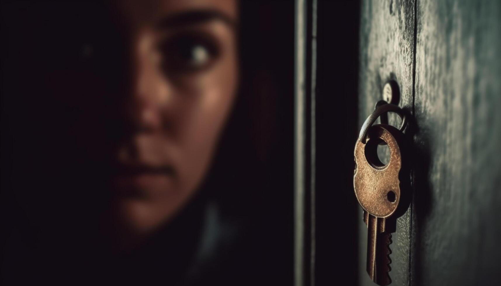Young adult woman holding key, locking metal padlock on door generated by AI photo