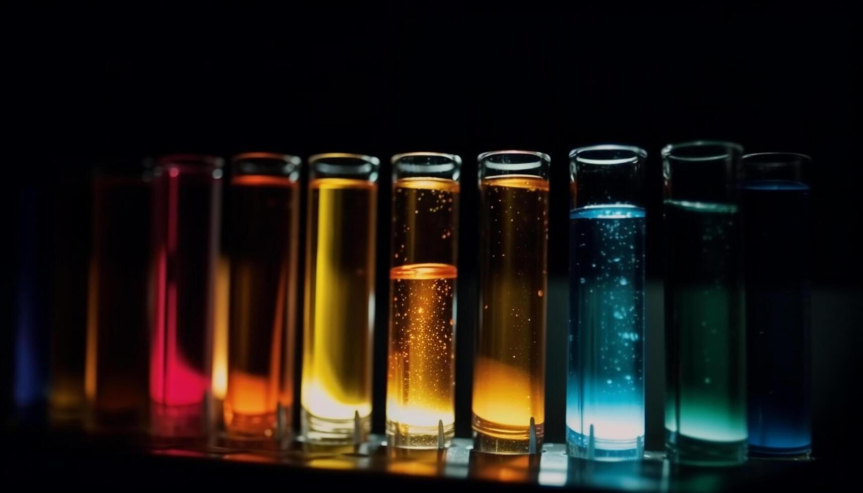 Refreshing liquid in glass bottle, wet with dew and reflection generated by AI photo