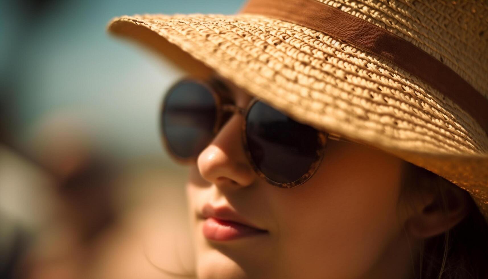 One woman, sunglasses on, looking at nature elegance generated by AI photo