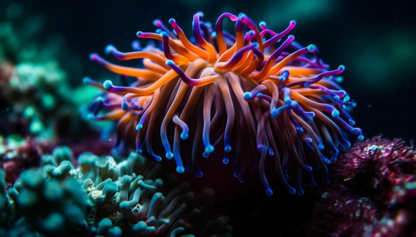 Multi colored clown fish swim among soft coral in underwater reef generated by AI photo